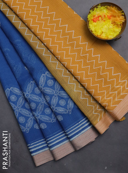 Kota silk cotton saree blue and yellow with butta block prints and long block printed border