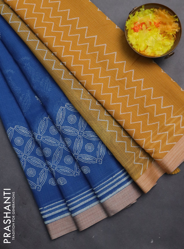 Kota silk cotton saree blue and yellow with butta block prints and long block printed border