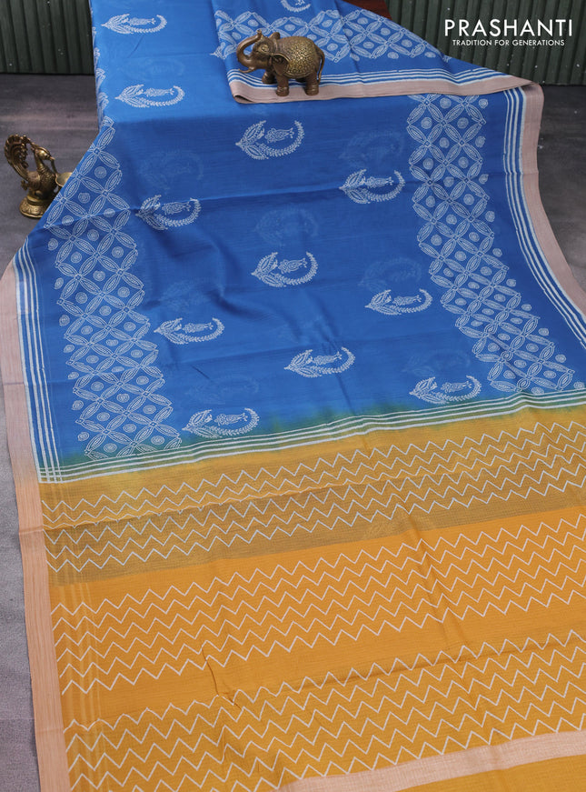 Kota silk cotton saree blue and yellow with butta block prints and long block printed border