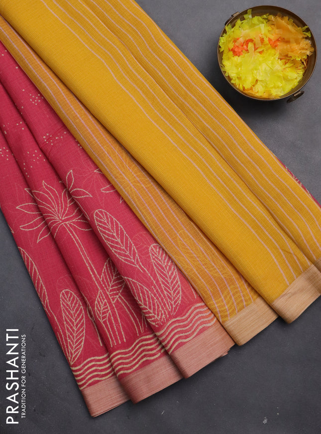 Kota silk cotton saree pink and yellow with allover block prints and long block printed border