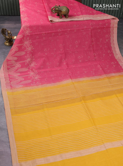 Kota silk cotton saree pink and yellow with allover block prints and long block printed border