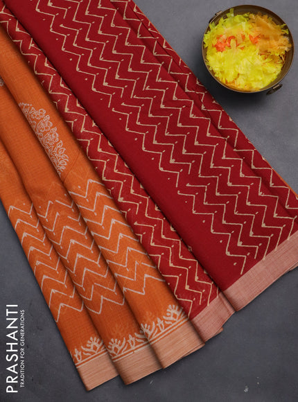 Kota silk cotton saree orange and maroon with butta block prints and long block printed border