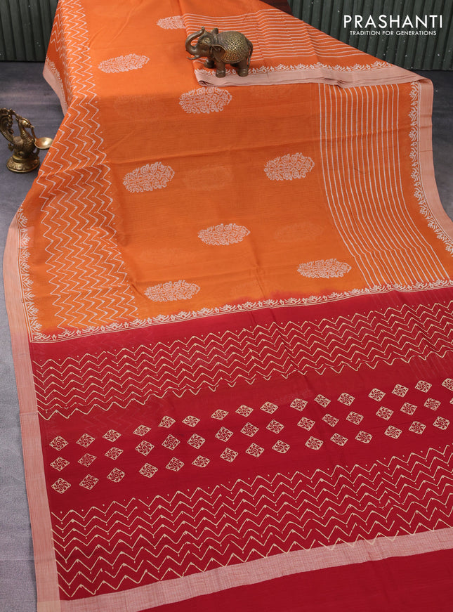Kota silk cotton saree orange and maroon with butta block prints and long block printed border