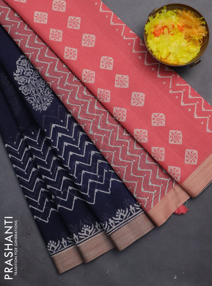 Kota silk cotton saree navy blue and peach pink with butta block prints and long block printed border