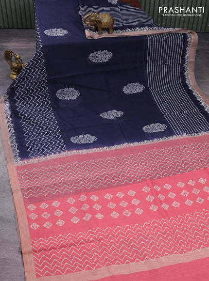 Kota silk cotton saree navy blue and peach pink with butta block prints and long block printed border