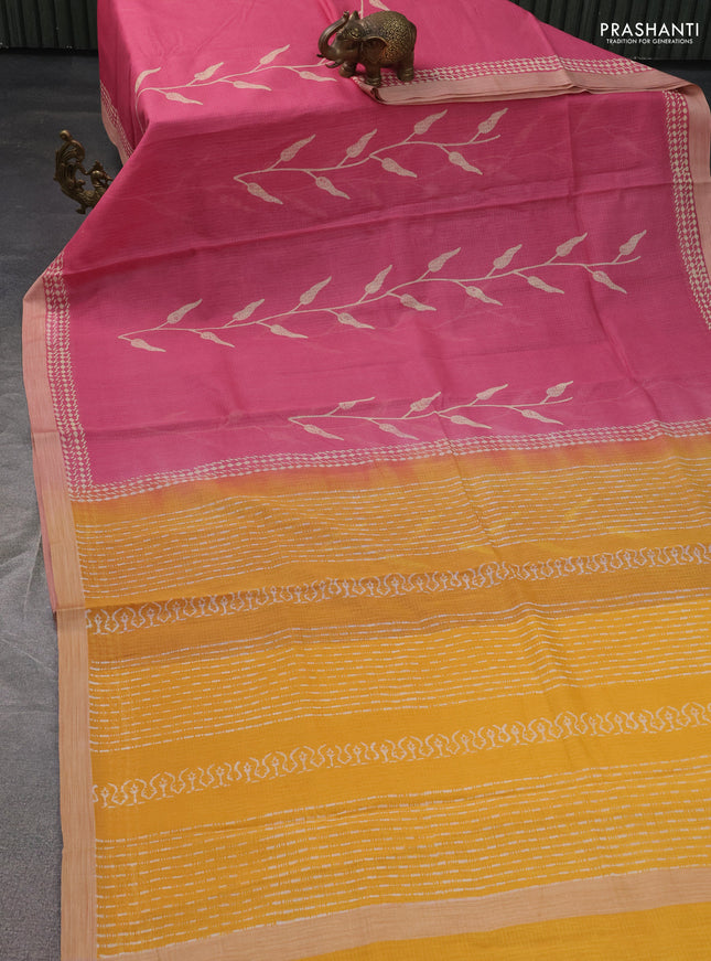 Kota silk cotton saree light pink and yellow with allover block prints and simple border