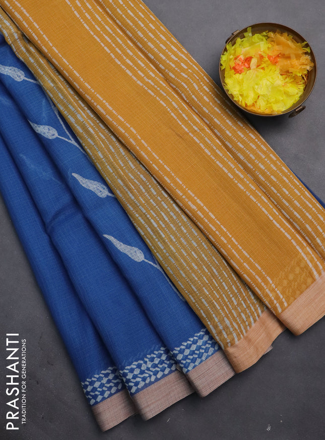 Kota silk cotton saree blue and mustard yellow with allover block prints and simple border