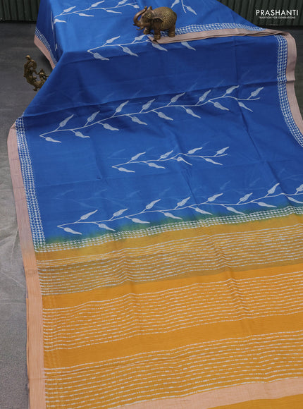 Kota silk cotton saree blue and mustard yellow with allover block prints and simple border