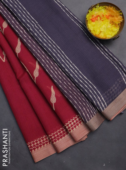 Kota silk cotton saree maroon and grey with allover block prints and simple border