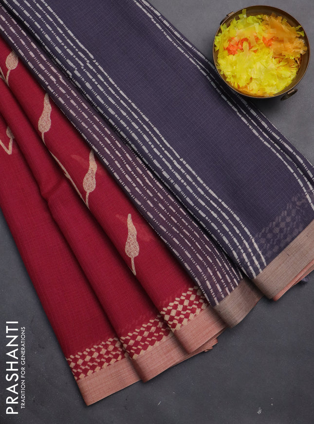 Kota silk cotton saree maroon and grey with allover block prints and simple border