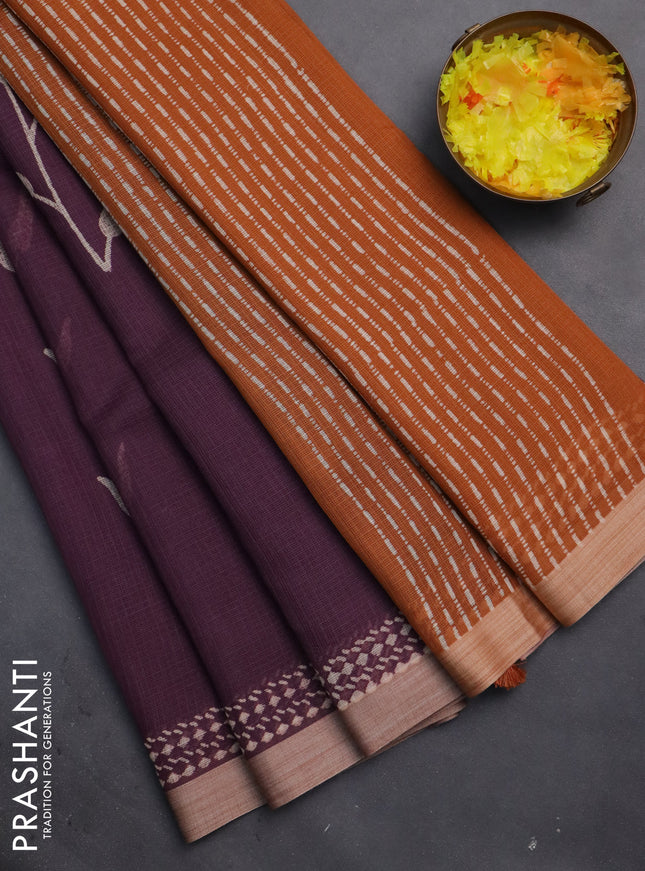 Kota silk cotton saree wine shade and rust shade with allover block prints and simple border