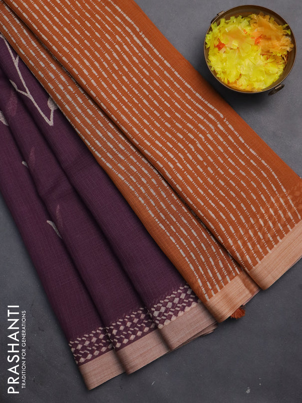 Kota silk cotton saree wine shade and rust shade with allover block prints and simple border
