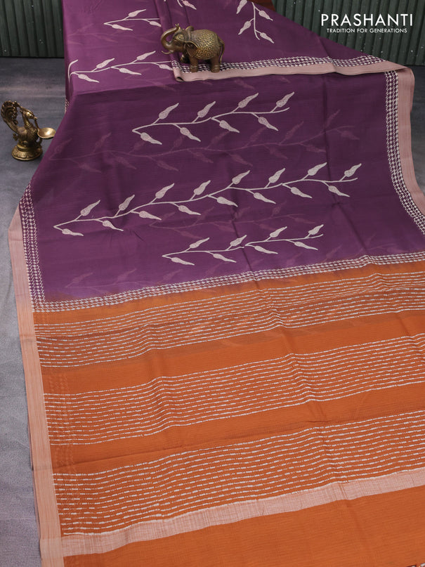 Kota silk cotton saree wine shade and rust shade with allover block prints and simple border