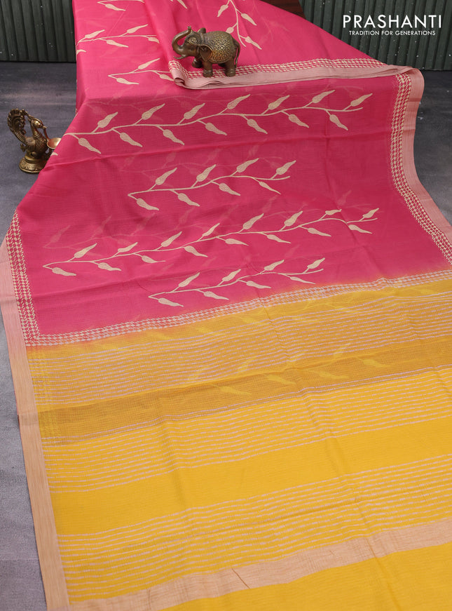 Kota silk cotton saree pink and yellow with allover block prints and simple border