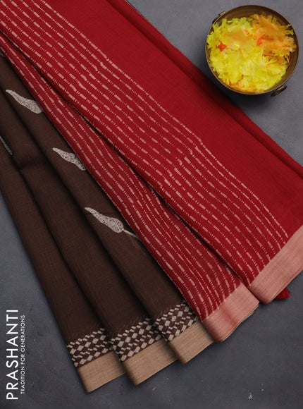 Kota silk cotton saree brown and maroon with allover block prints and simple border