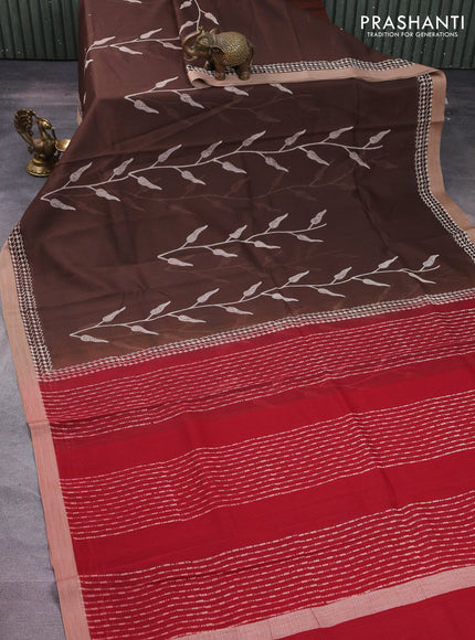 Kota silk cotton saree brown and maroon with allover block prints and simple border