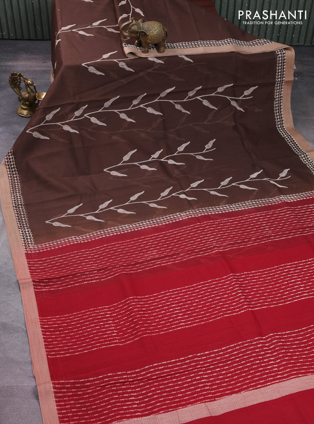 Kota silk cotton saree brown and maroon with allover block prints and simple border