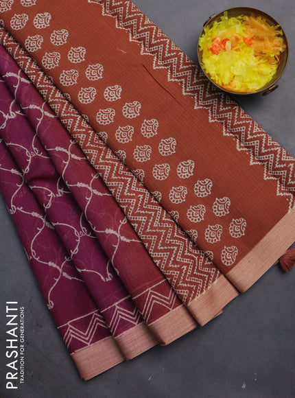 Kota silk cotton saree purple and rust shade with allover block prints and simple border