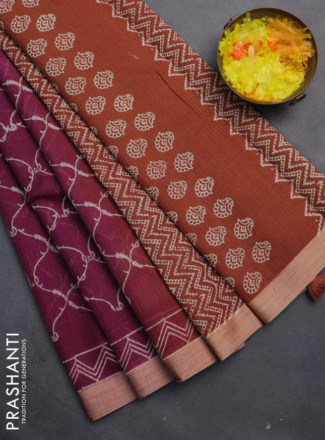 Kota silk cotton saree purple and rust shade with allover block prints and simple border