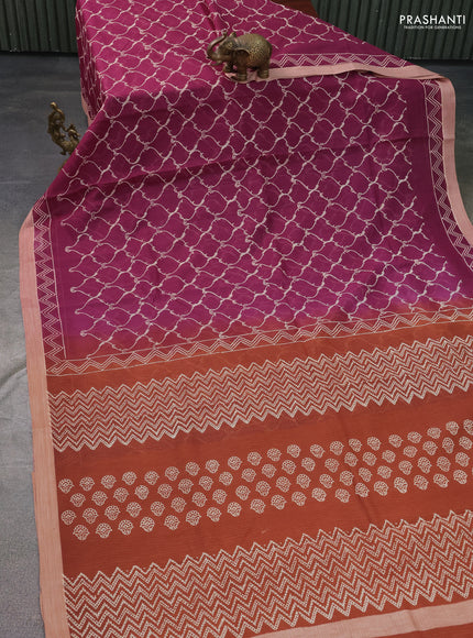 Kota silk cotton saree purple and rust shade with allover block prints and simple border
