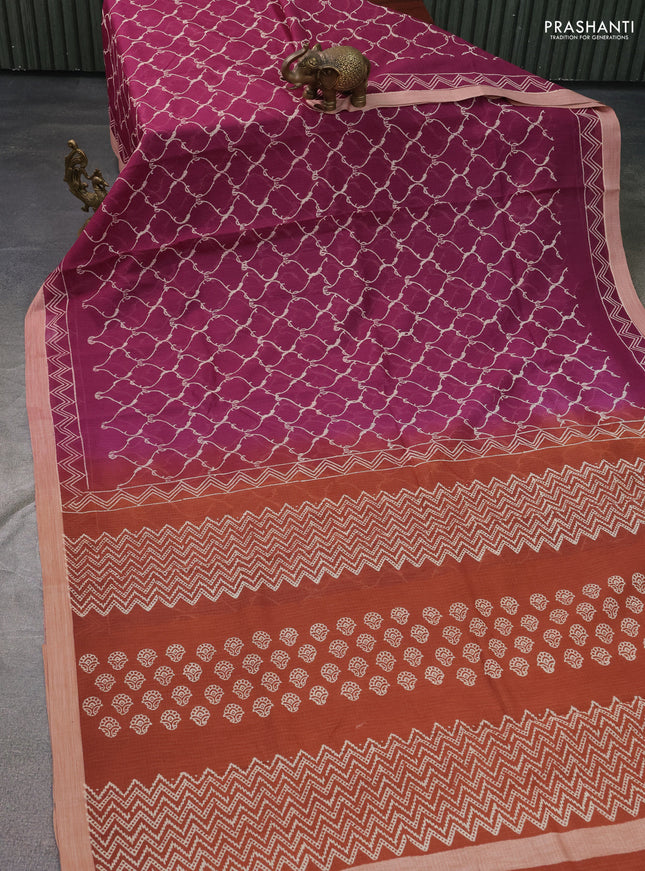Kota silk cotton saree purple and rust shade with allover block prints and simple border