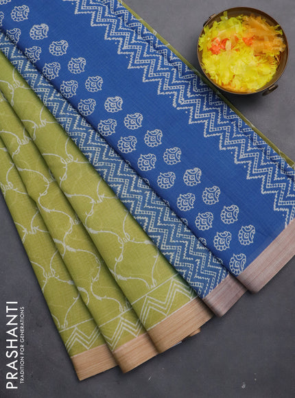 Kota silk cotton saree lime green and blue with allover block prints and simple border