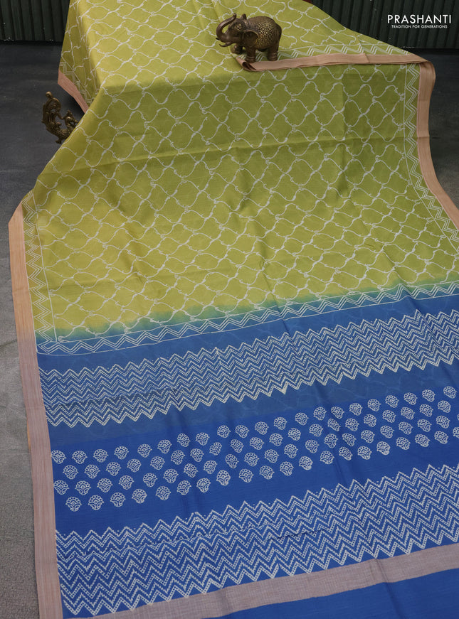Kota silk cotton saree lime green and blue with allover block prints and simple border