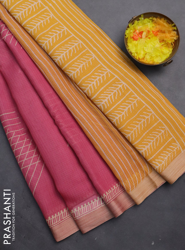 Kota silk cotton saree light pink and yellow with geometric butta block prints and simple border