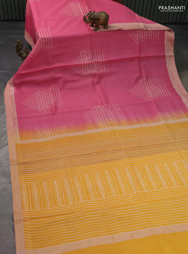 Kota silk cotton saree light pink and yellow with geometric butta block prints and simple border