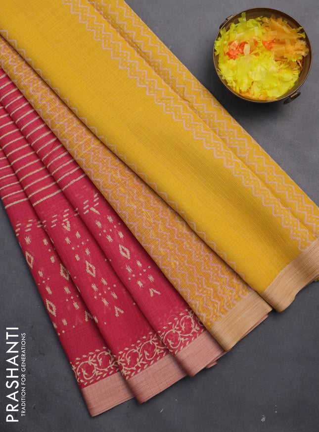 Kota silk cotton saree pink and yellow with allover block prints and long printed border