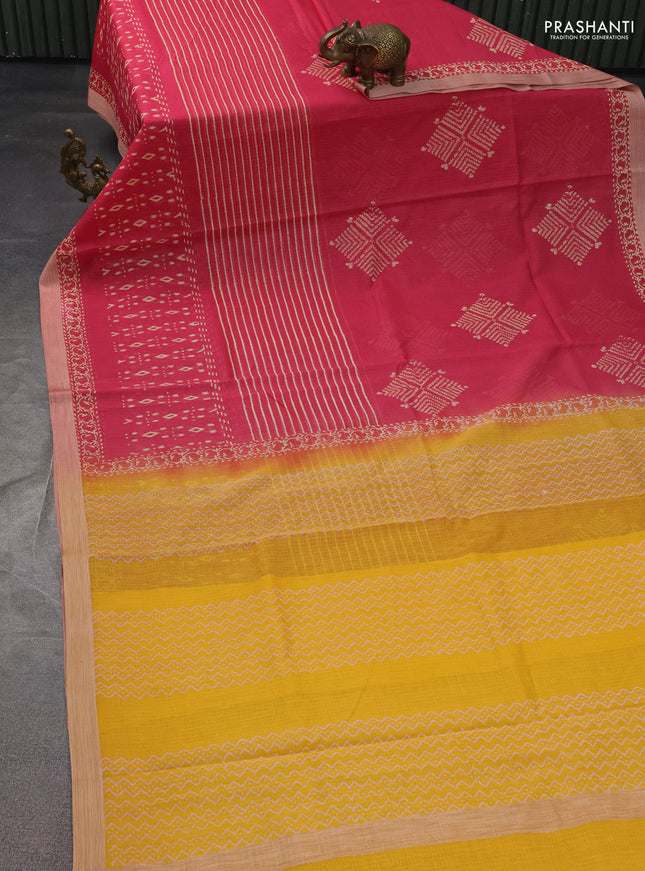 Kota silk cotton saree pink and yellow with allover block prints and long printed border