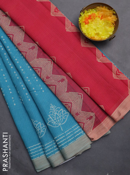 Kota silk cotton saree light blue and pink shade with allover block prints and simple border