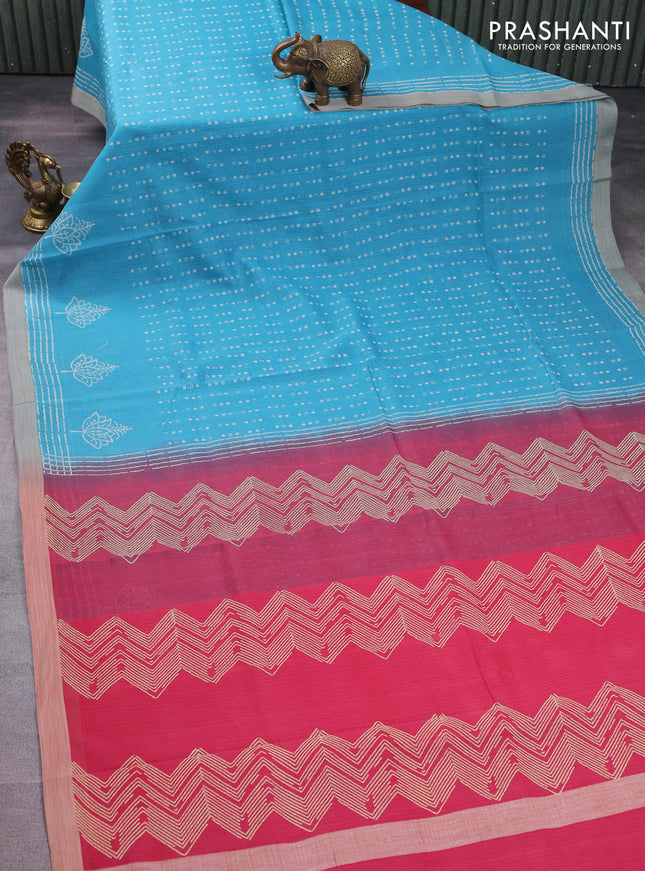 Kota silk cotton saree light blue and pink shade with allover block prints and simple border