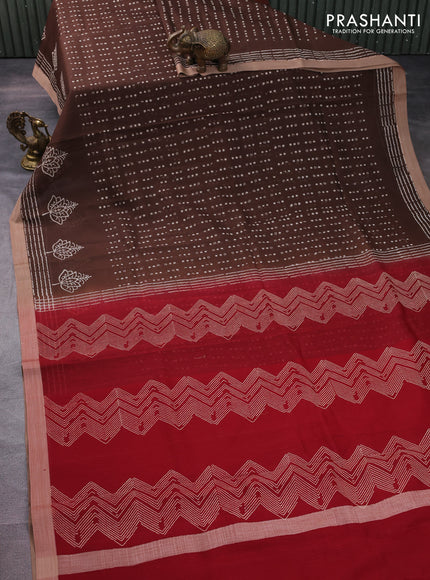 Kota silk cotton saree brown and maroon with allover block prints and simple border