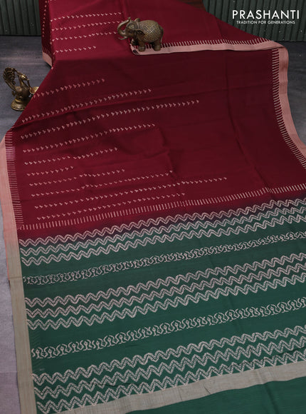 Kota silk cotton saree maroon and bottle green with allover block prints and simple border