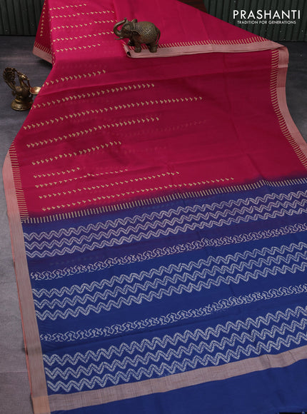 Kota silk cotton saree dark pink and blue with allover block prints and simple border