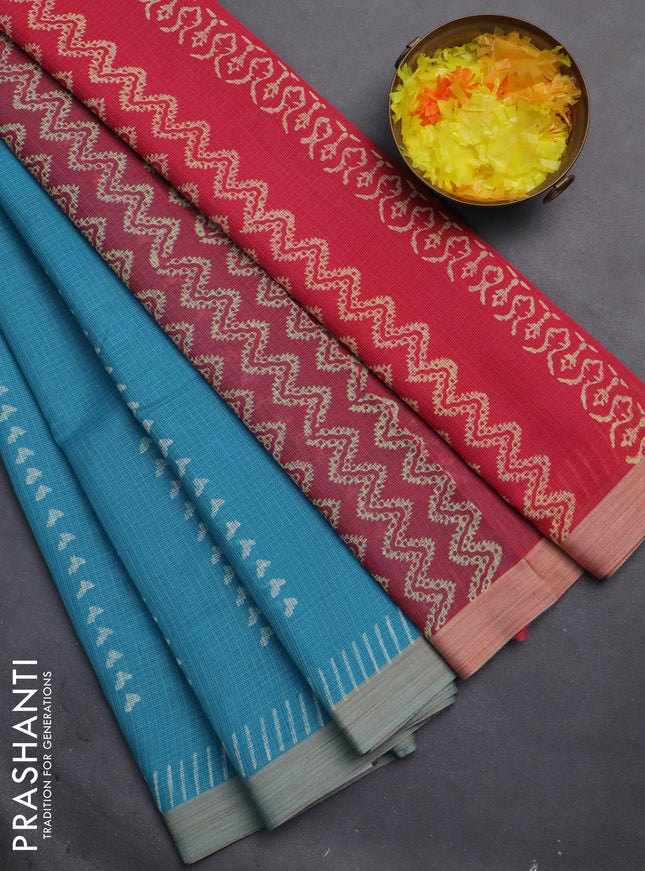 Kota silk cotton saree teal blue and peach pink with allover block prints and simple border