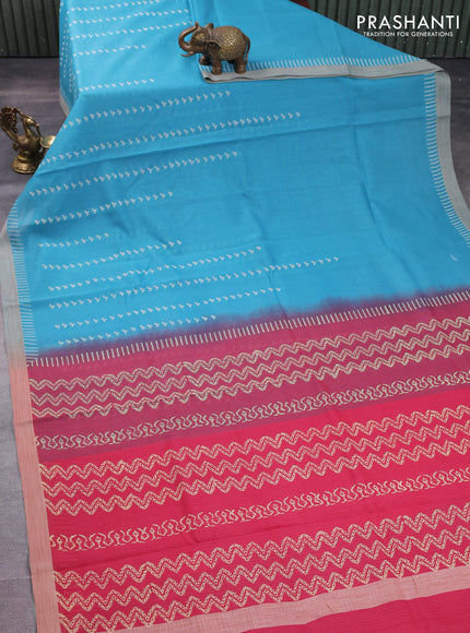 Kota silk cotton saree teal blue and peach pink with allover block prints and simple border
