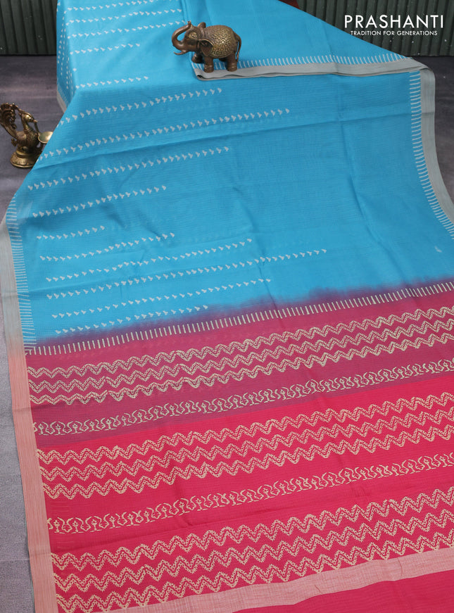 Kota silk cotton saree teal blue and peach pink with allover block prints and simple border