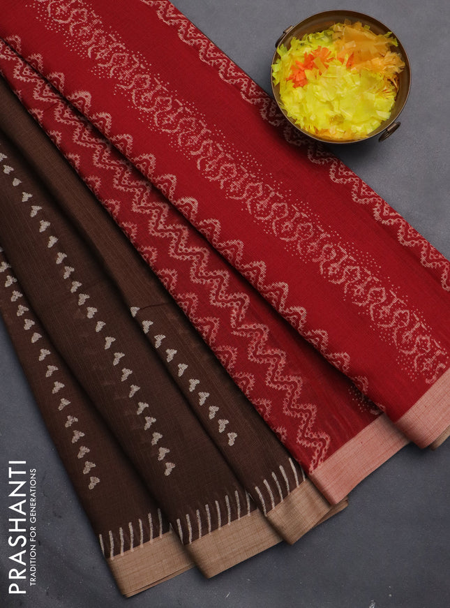Kota silk cotton saree brown and maroon with allover block prints and simple border