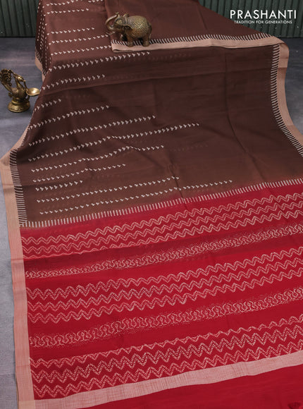 Kota silk cotton saree brown and maroon with allover block prints and simple border