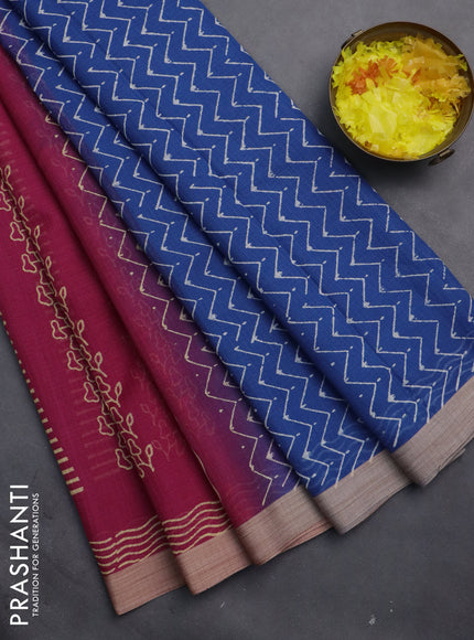 Kota silk cotton saree dark pink and blue with allover block prints and simple border