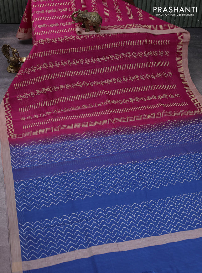 Kota silk cotton saree dark pink and blue with allover block prints and simple border