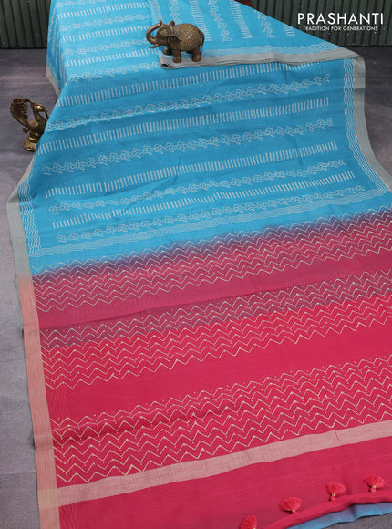 Kota silk cotton saree light blue and peach pink shade with allover block prints and simple border