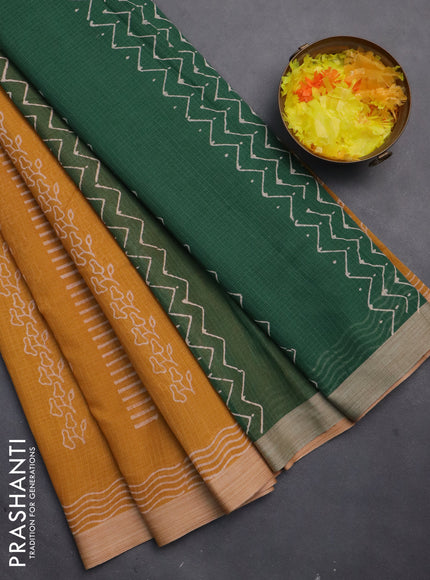 Kota silk cotton saree mustard yellow and green with allover block prints and simple border