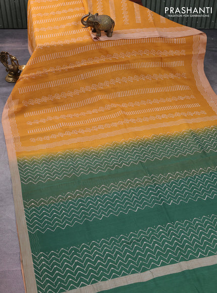 Kota silk cotton saree mustard yellow and green with allover block prints and simple border