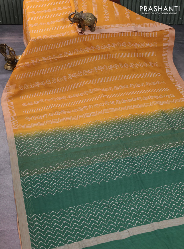 Kota silk cotton saree mustard yellow and green with allover block prints and simple border