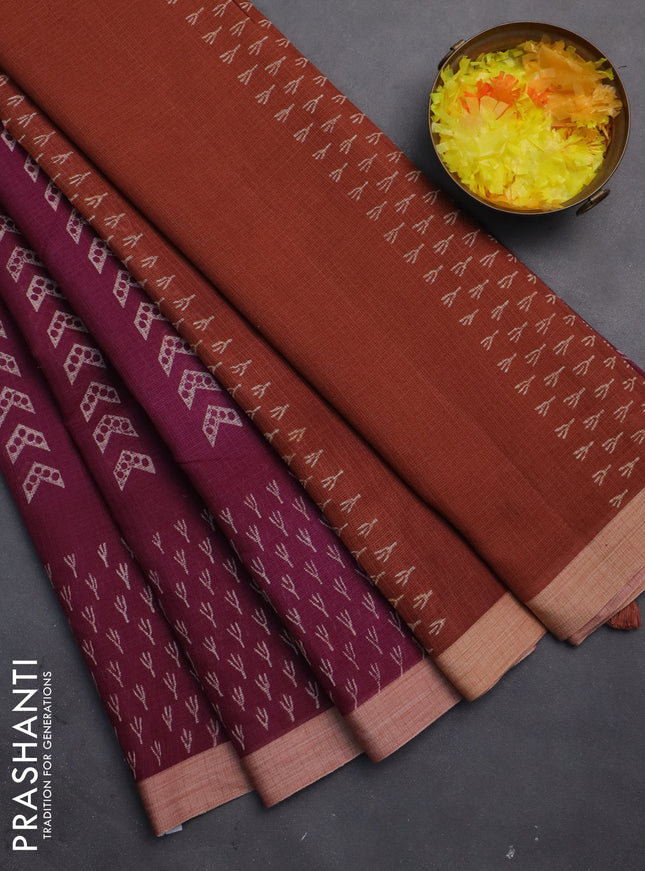Kota silk cotton saree pastel violet and mustard yellow with allover block prints and printed border
