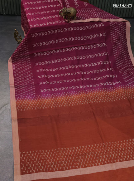 Kota silk cotton saree pastel violet and mustard yellow with allover block prints and printed border