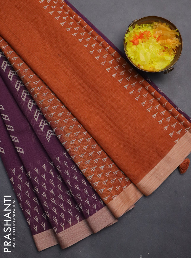 Kota silk cotton saree purple and rust shade with allover block prints and printed border